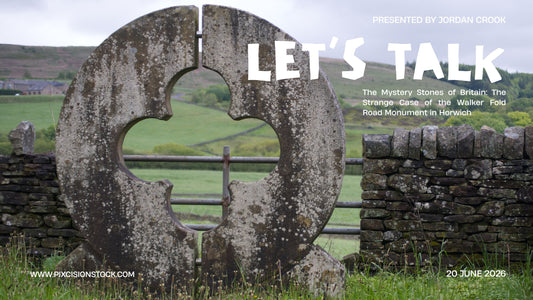 A promotional blog feature banner showcasing a circular stone monument with white text overlays reading "LET'S TALK", "The Mystery Stones of Britain: The Strange Case of the Walker Fold Road Monument in Horwich", presented by Jordan Crook.