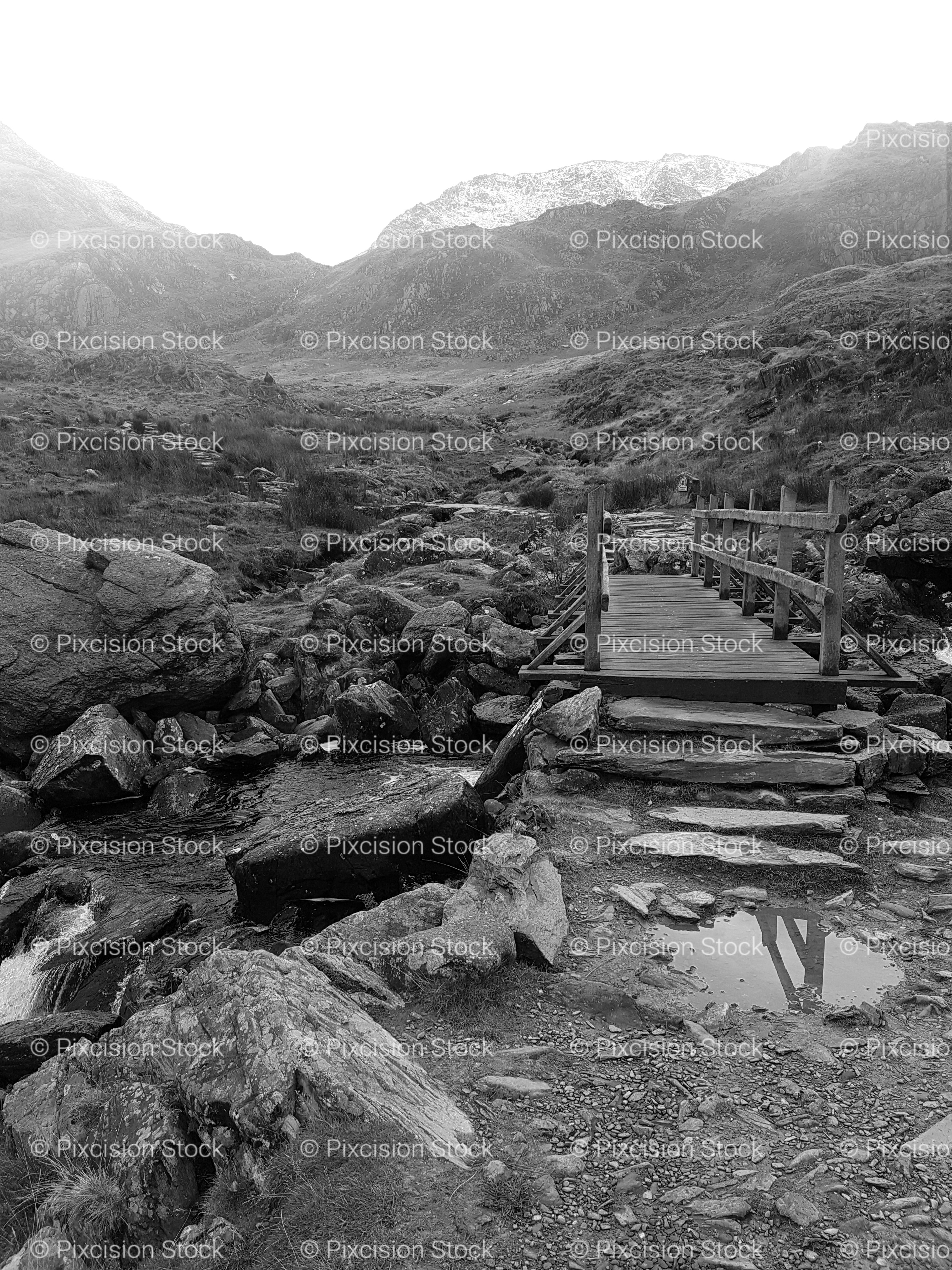 Stream and Footbridge in a Mountain Valley (Monochrome)