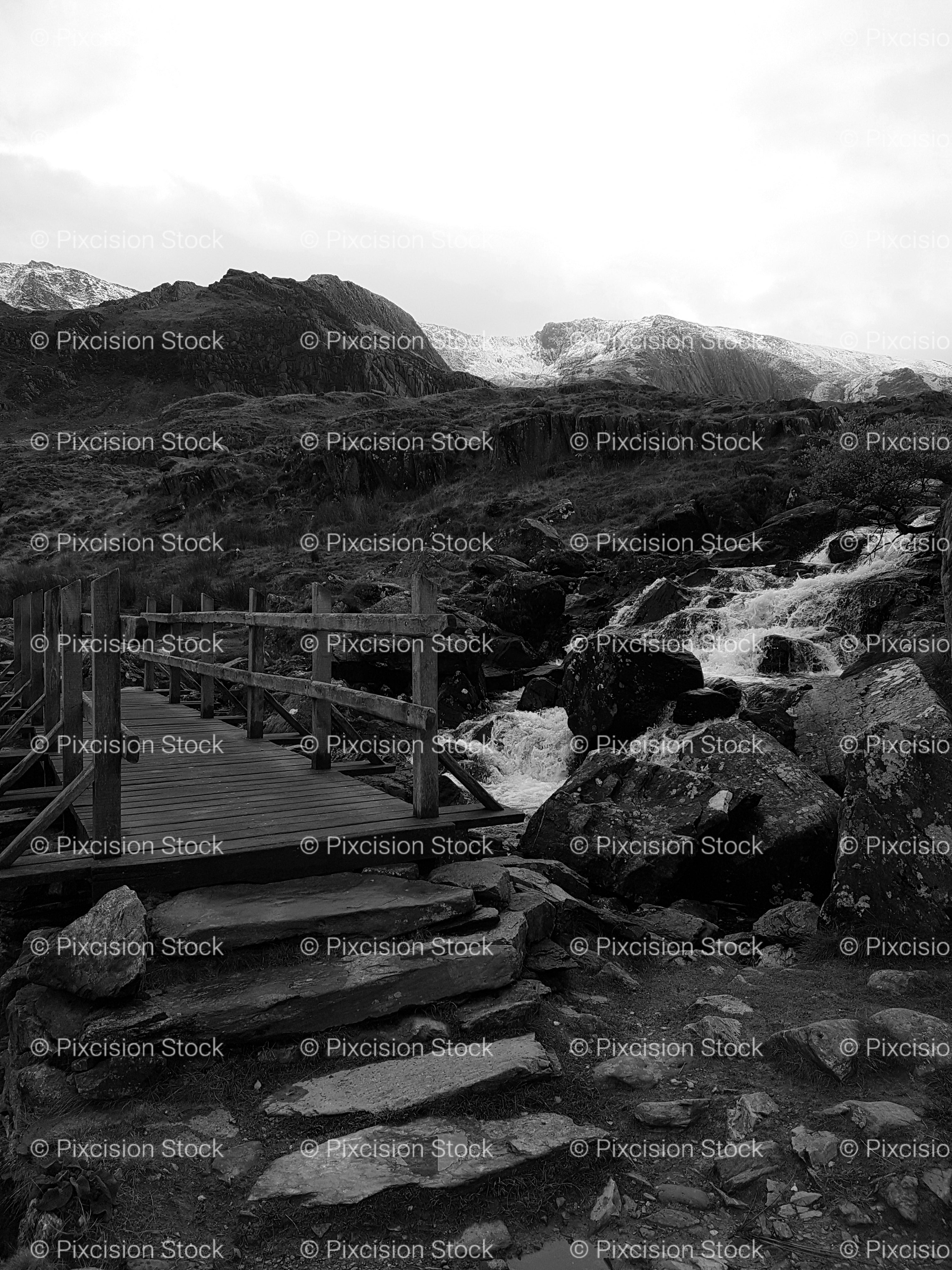Wooden Steps on a Rocky Hiking Trail (Monochrome)