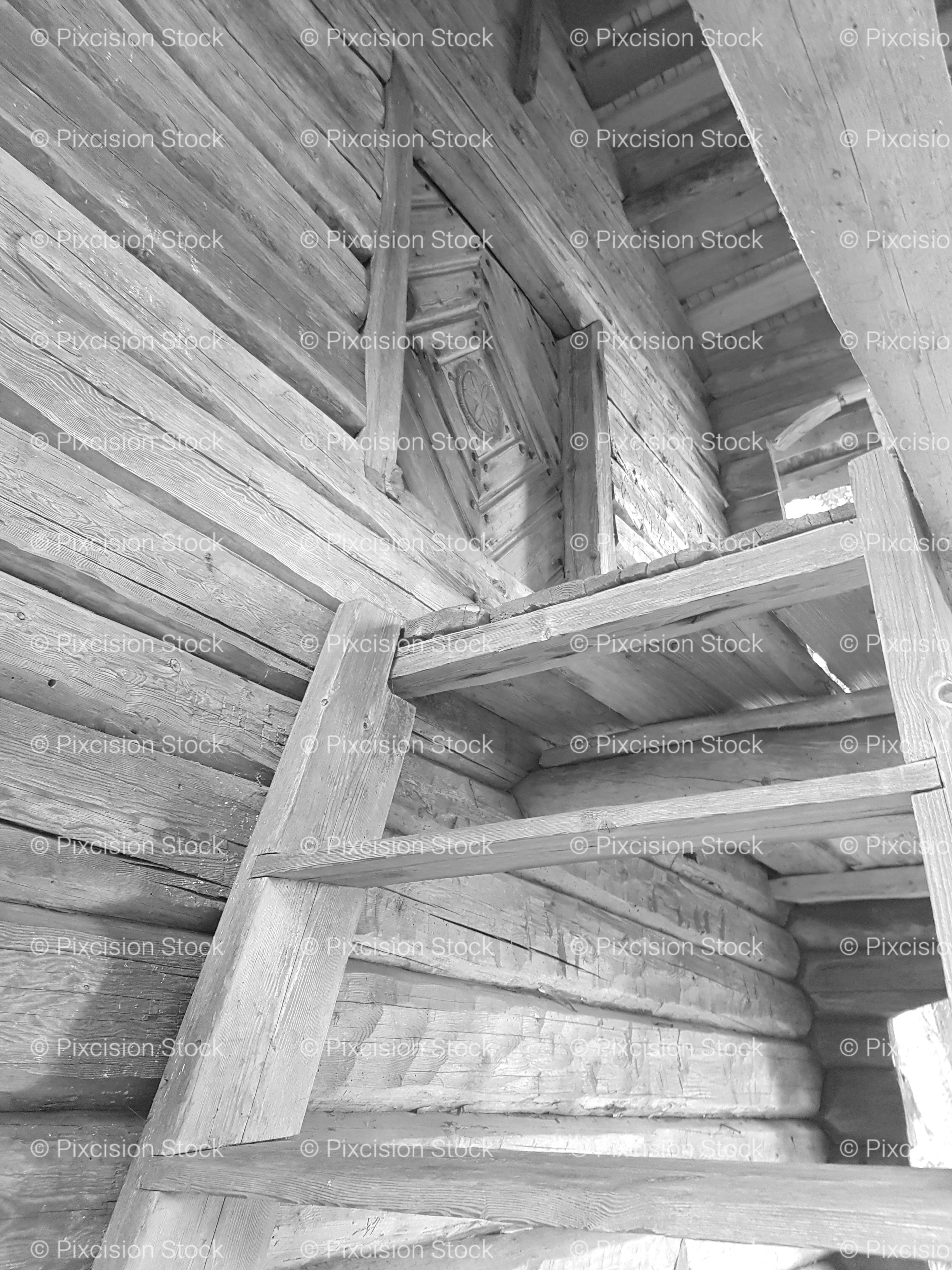 Wooden Ladder Inside a Rustic Cabin or Barn (Monochrome)