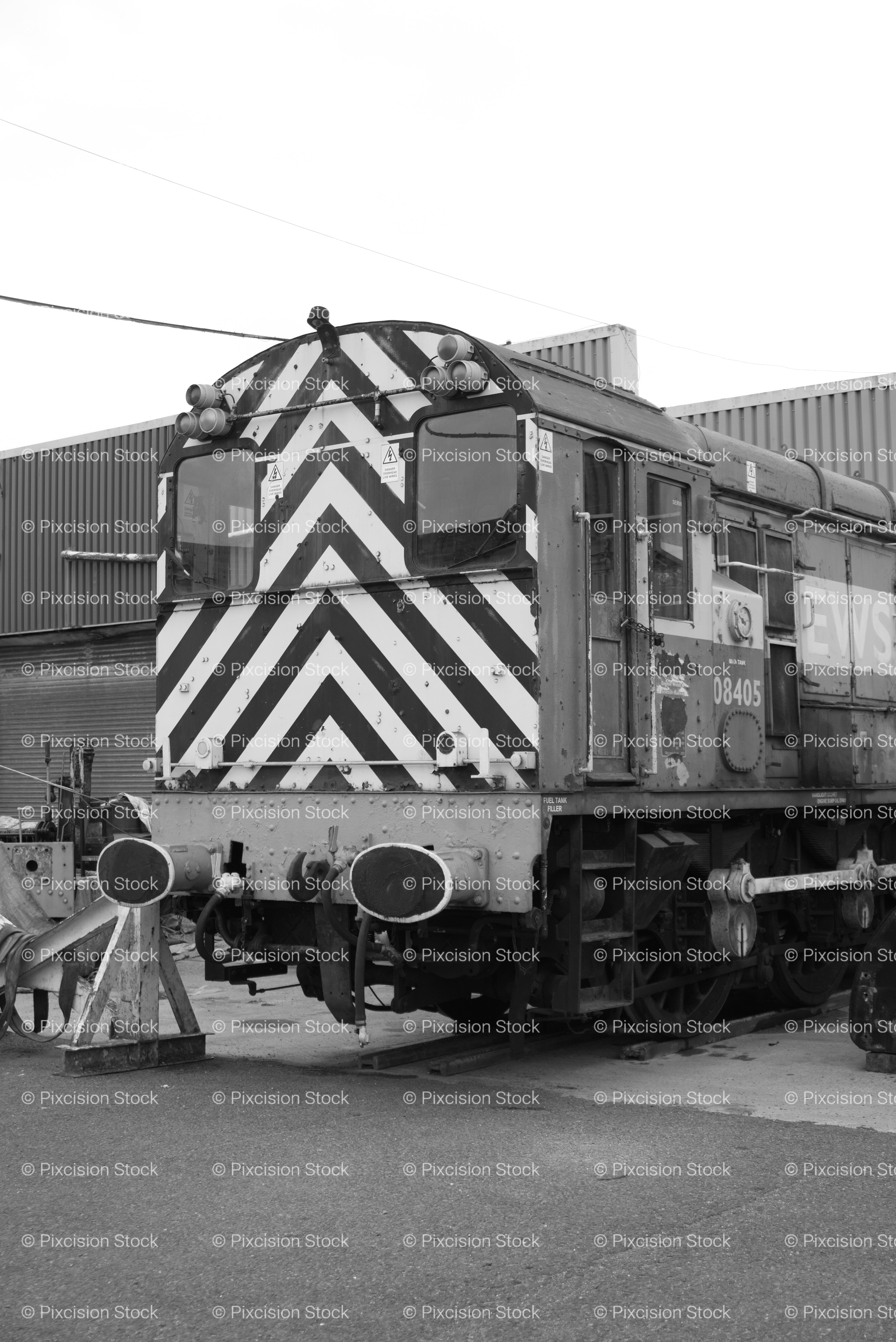 Front View of a Chevron-Patterned Shunter Locomotive (Monochrome)
