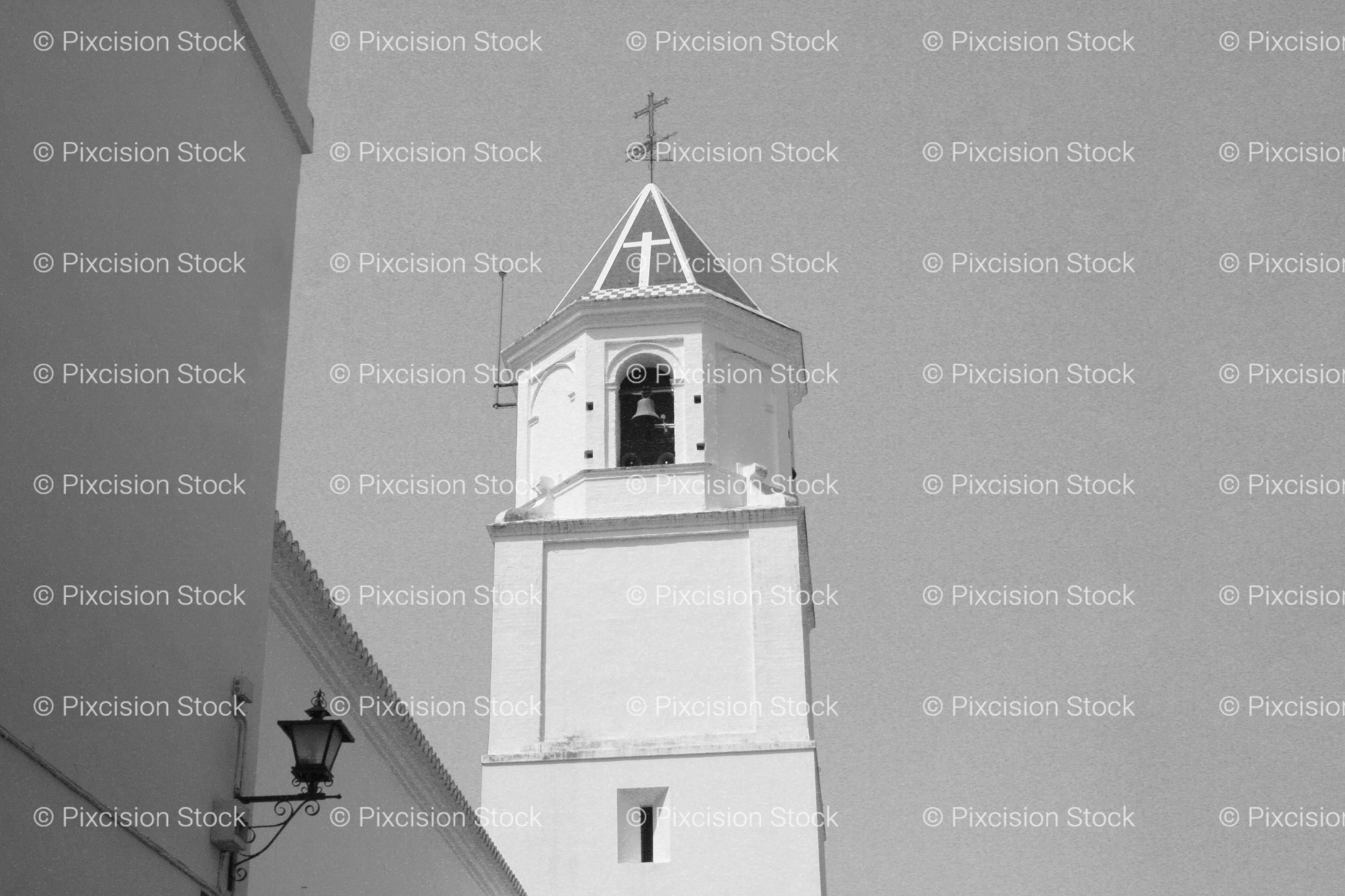 Minimalist View of a White Church Tower Against the Sky (Monochrome)