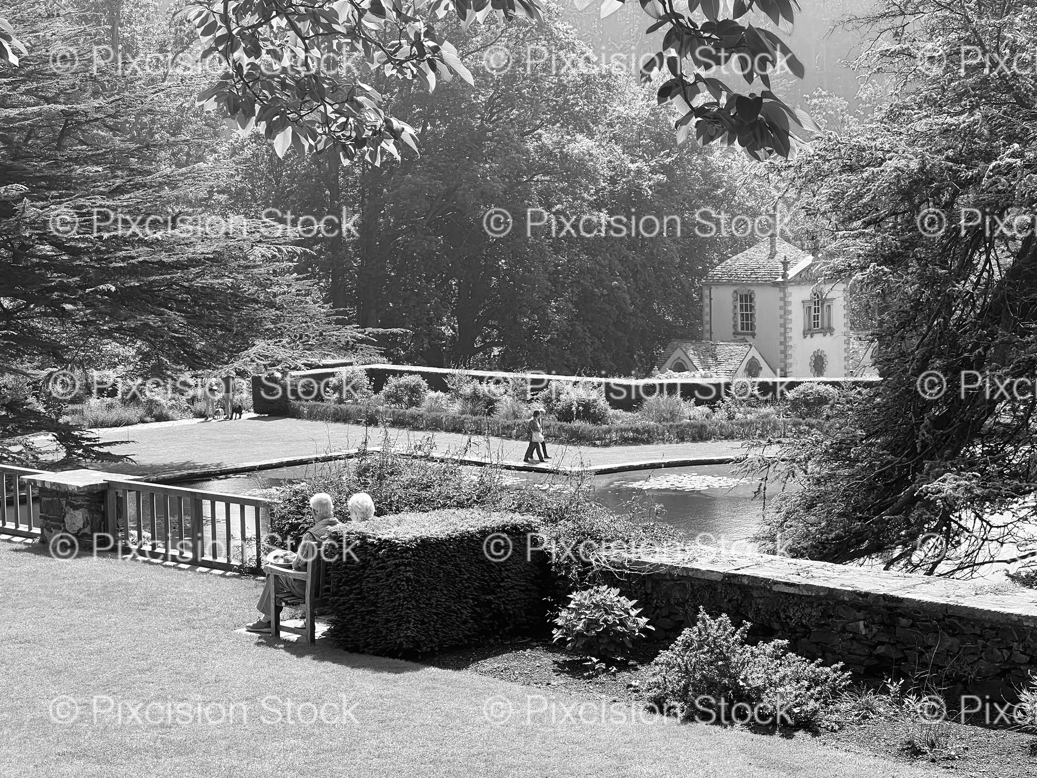 Stone Fountain and Basin in a Park Setting (Monochrome)