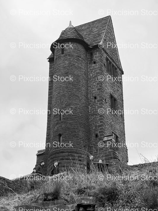 Historic Stone Watchtower or Monument on a Hillside (Monochrome) - Stock Video