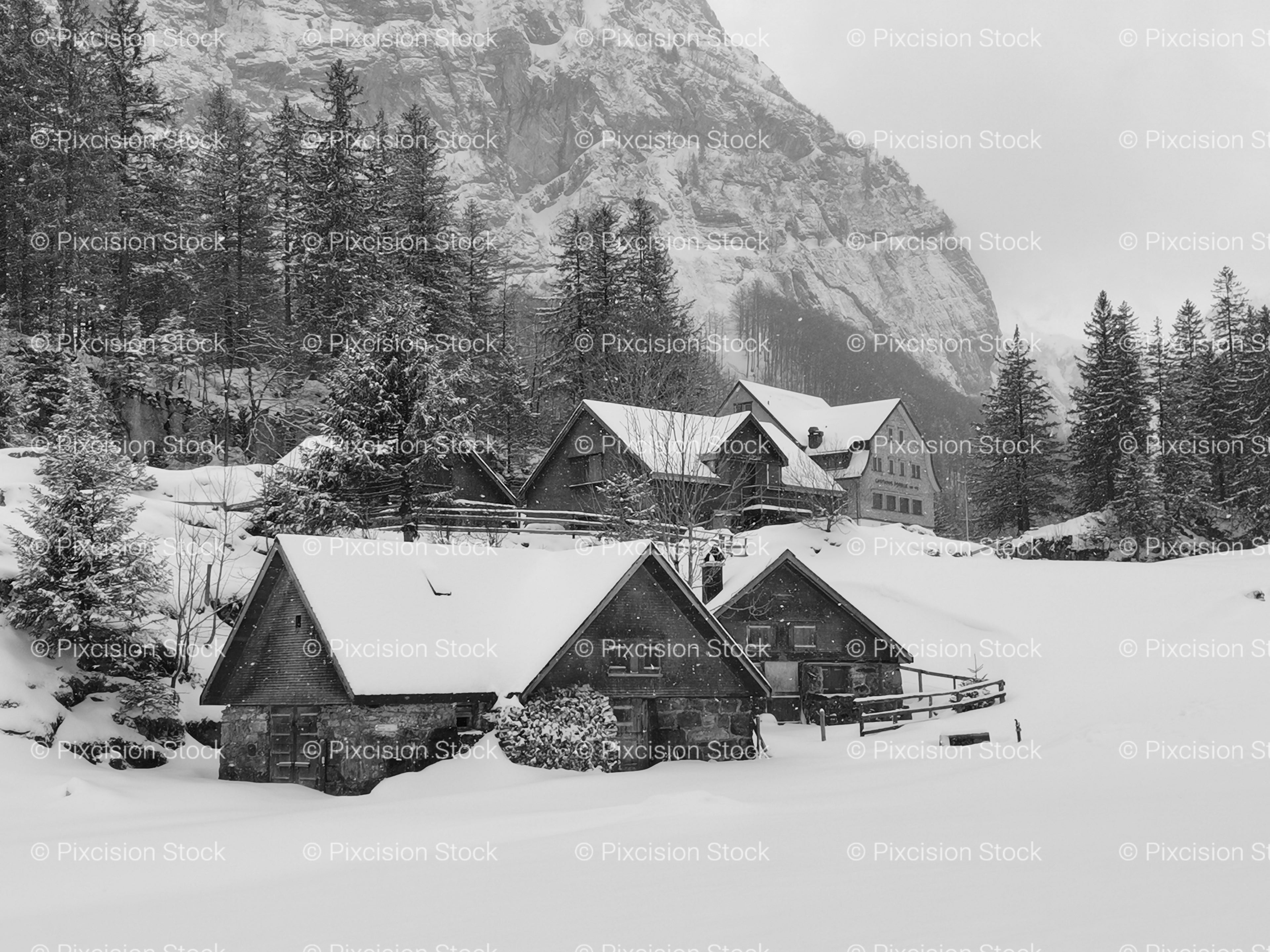 Rustic Wooden Cabins Nestled in a Deep Winter Snowscape (Monochrome)