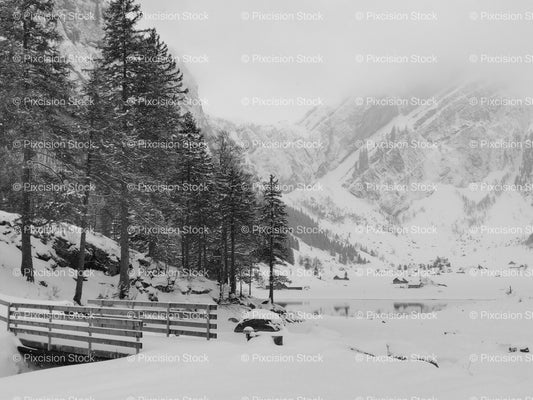 Wooden Bridge Leading Into a Snowy Mountain Valley (Monochrome) - Stock Video