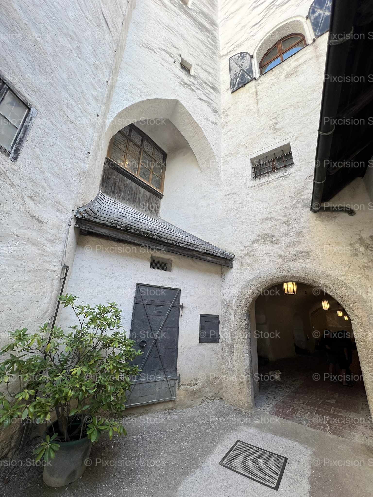 Medieval Castle Courtyard Arched Doorway Whitewashed Stone Walls Austria Mobile Stock Photo