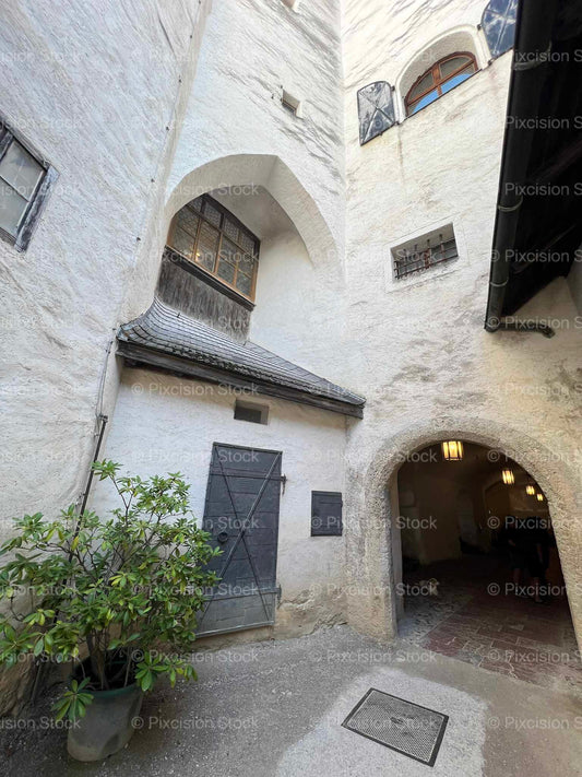 Medieval Castle Courtyard Arched Doorway Whitewashed Stone Walls Austria Mobile Stock Photo