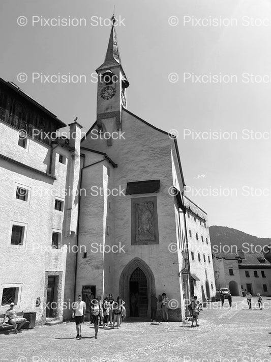 Historic European Church and Village Square (Monochrome) - Stock Video