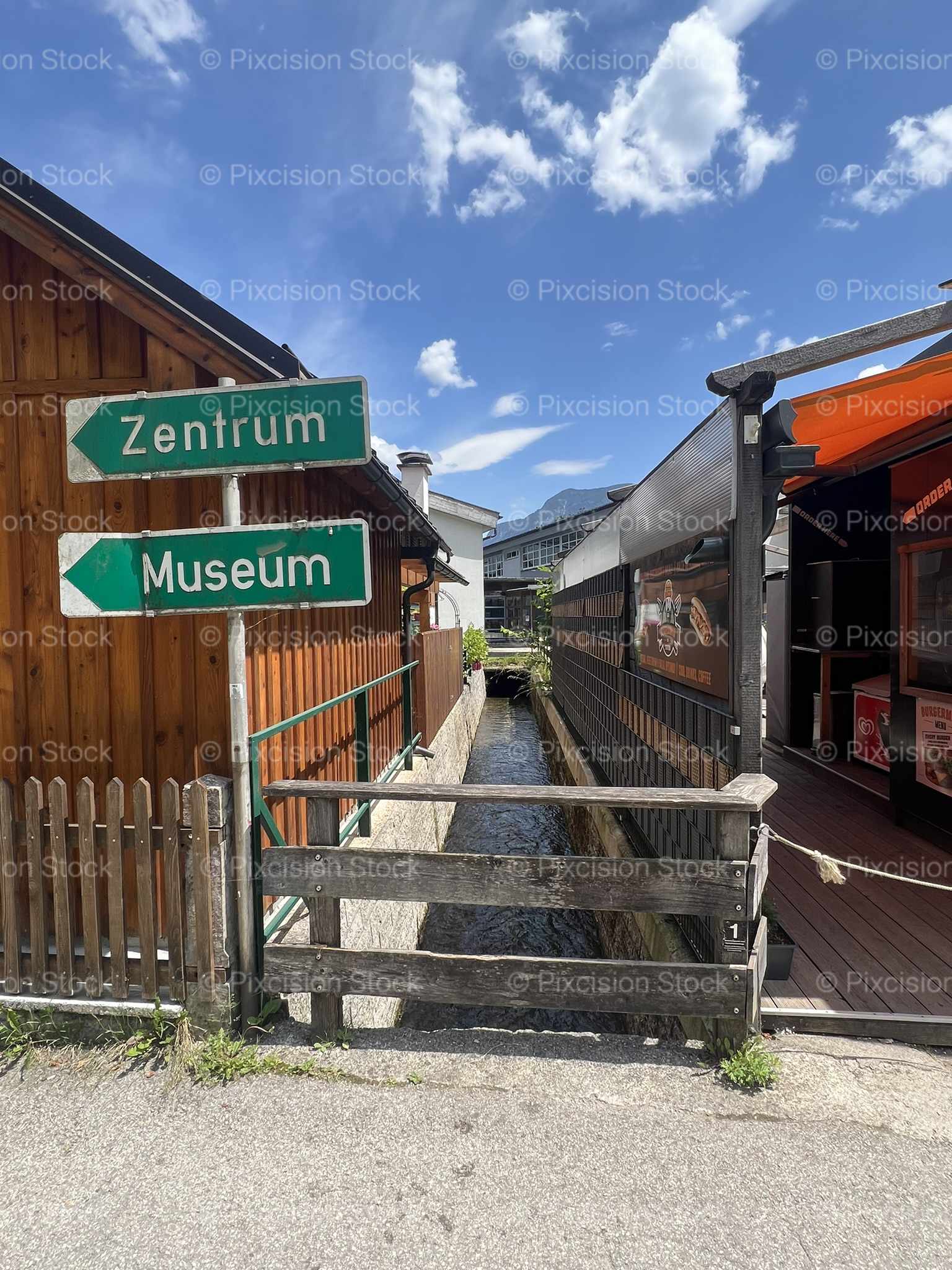 Narrow Canal Stream Between Buildings Museum Signs English German Austria Mobile Stock Photo