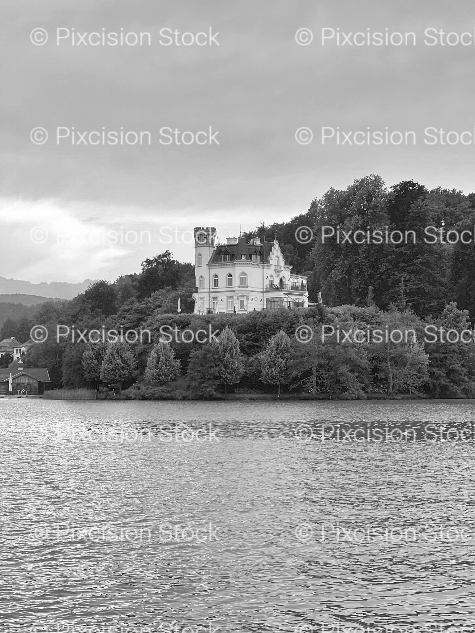 Grand Lakeside Chateau or Palace Under a Cloudy Sky (Monochrome)