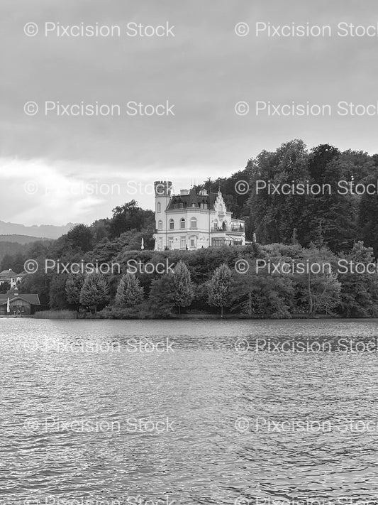 Grand Lakeside Chateau or Palace Under a Cloudy Sky (Monochrome) - Stock Video