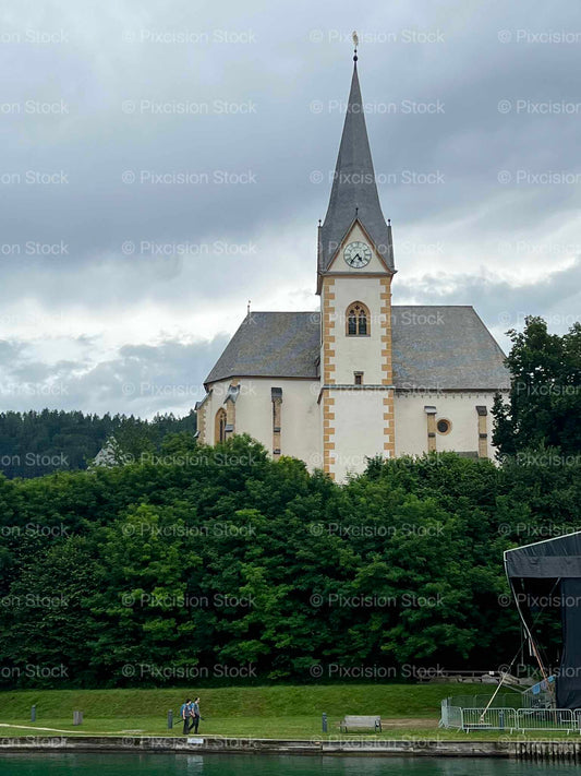 Alpine Lake Large White Church Among Trees Austria Mobile Stock Photo