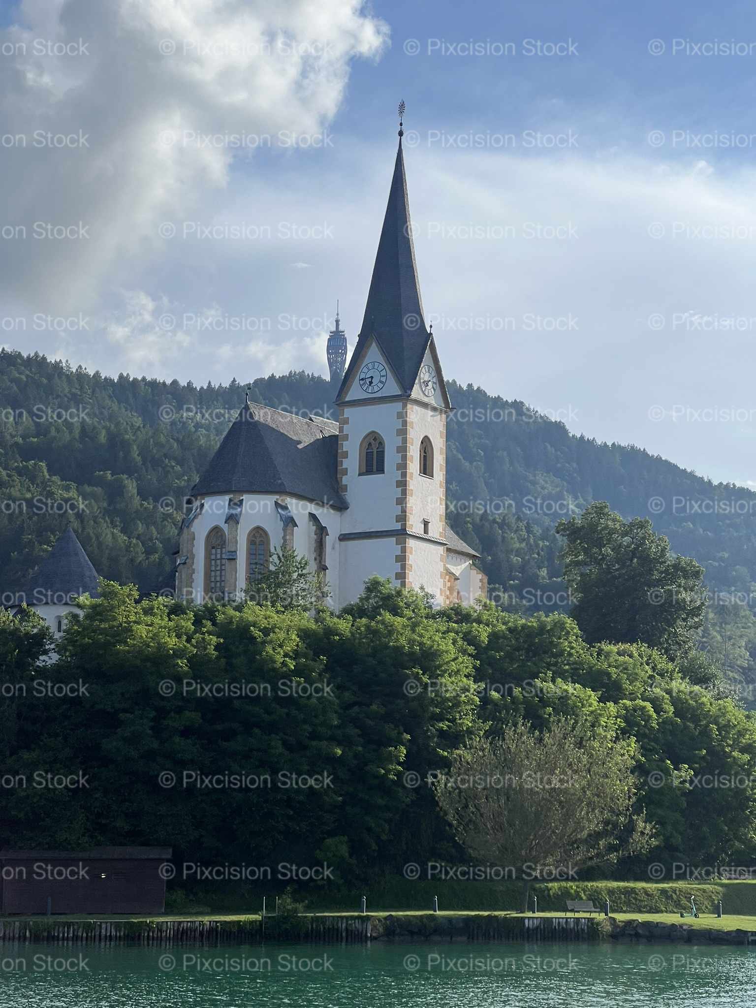 White Church Yellow Windows Lakeside Trees Austria Mobile Stock Photo