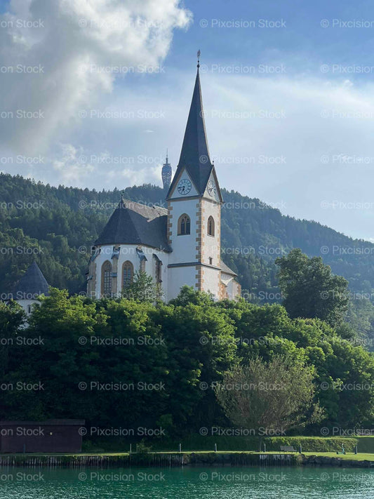 White Church Yellow Windows Lakeside Trees Austria Mobile Stock Photo