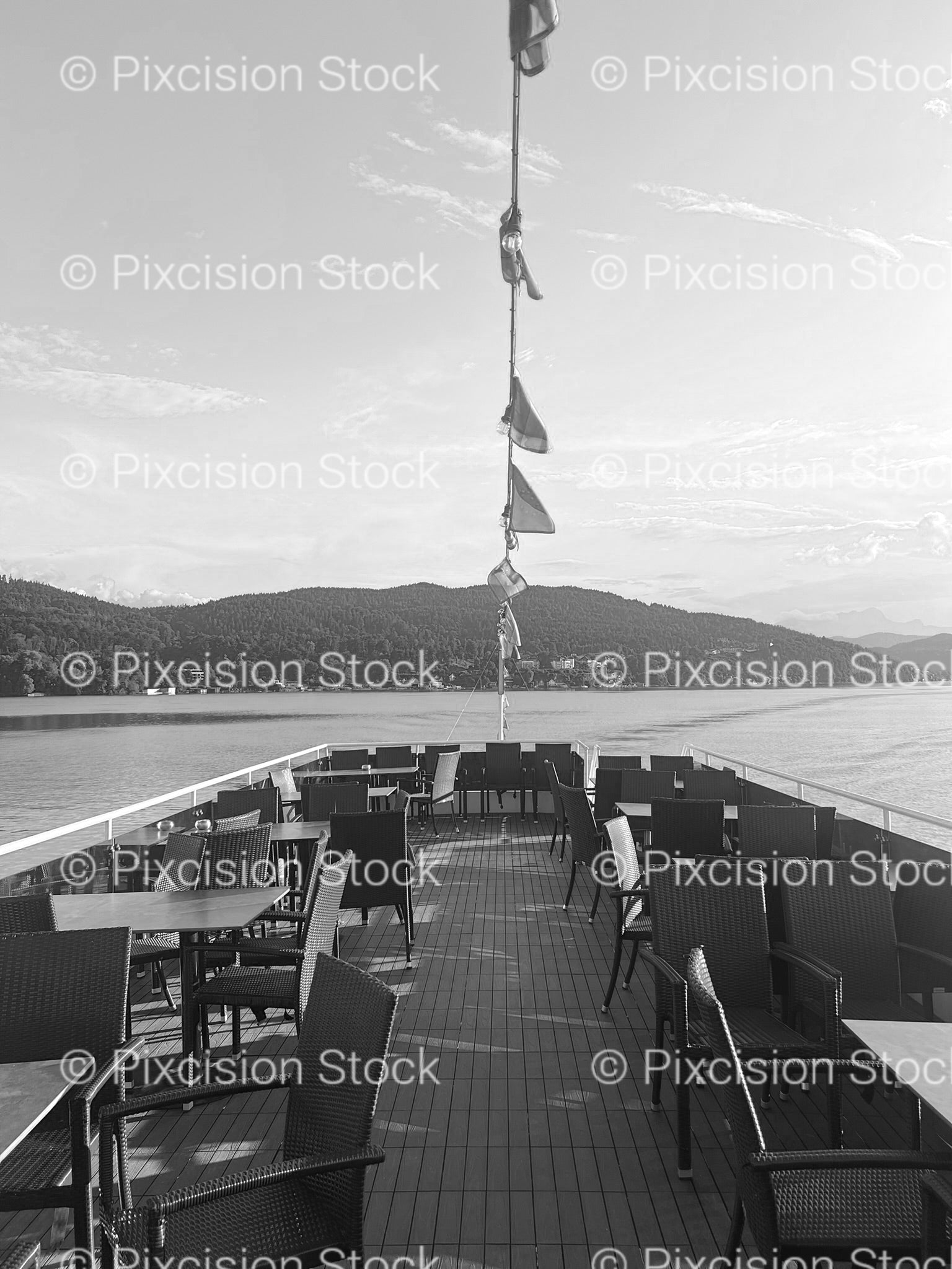View from the Deck of a Ship Sailing on Calm Water (Monochrome)