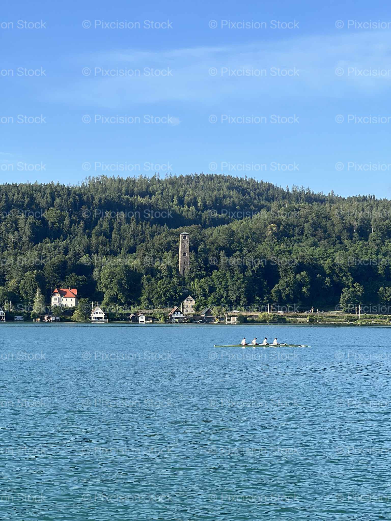 Austrian Lake Stone Tower Trees People Leisure Carinthia Mobile Stock Photo