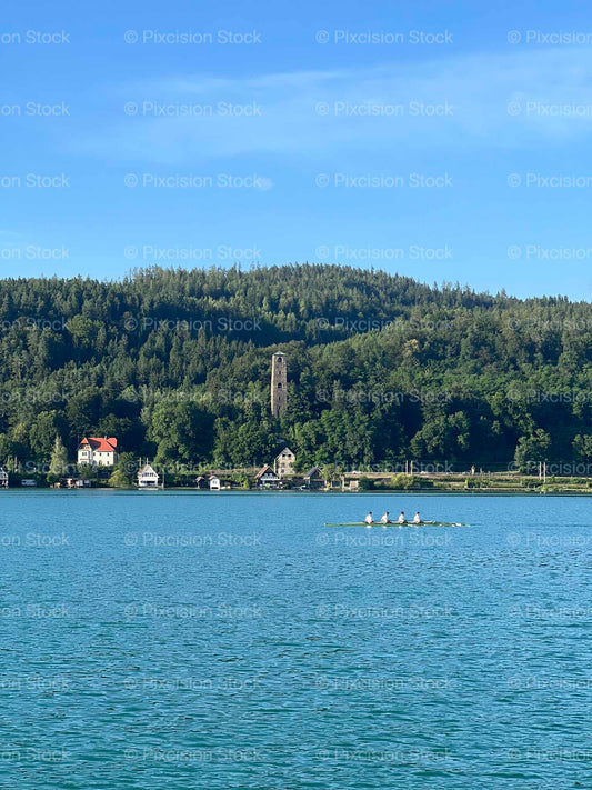 Austrian Lake Stone Tower Trees People Leisure Carinthia Mobile Stock Photo