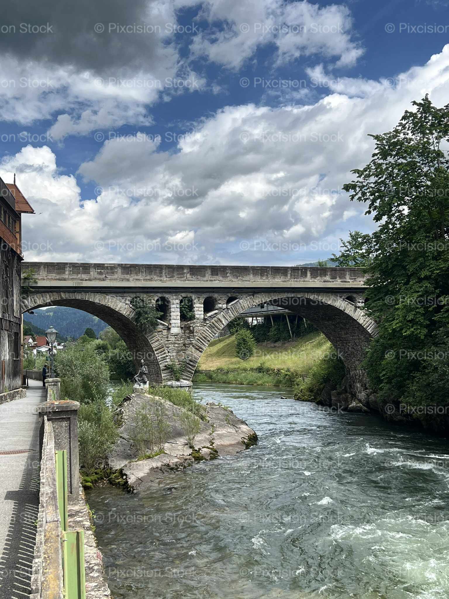 Stone Arch Bridge River Pedestrian Path Austria Mobile Stock Photo