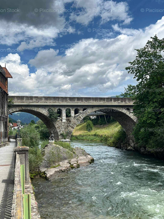 Stone Arch Bridge River Pedestrian Path Austria Mobile Stock Photo