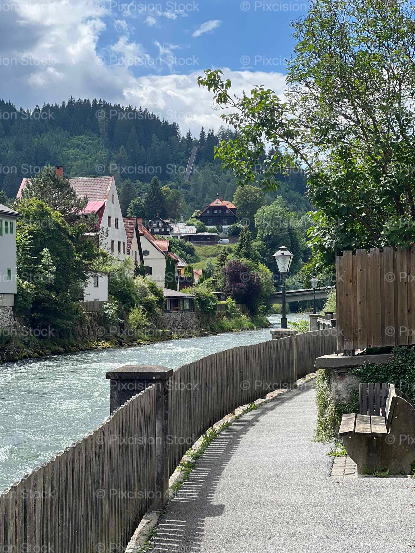 Austrian Riverside Path Traditional Homes River Bank Austria Mobile Stock Photo