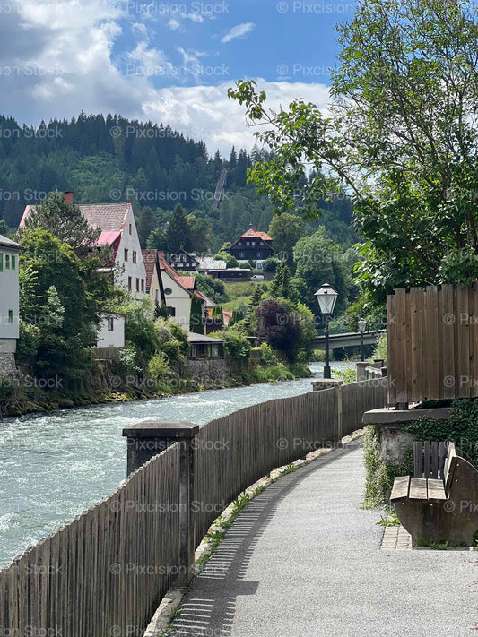 Austrian Riverside Path Traditional Homes River Bank Austria Mobile Stock Photo
