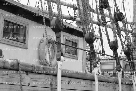 Side View of a Wooden Ship’s Hull and Rigging Lines (Monochrome) - Stock Video