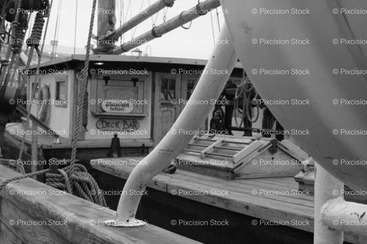 Close-Up View of a Ship's Deckhouse and Onboard Structures (Monochrome) - Stock Video