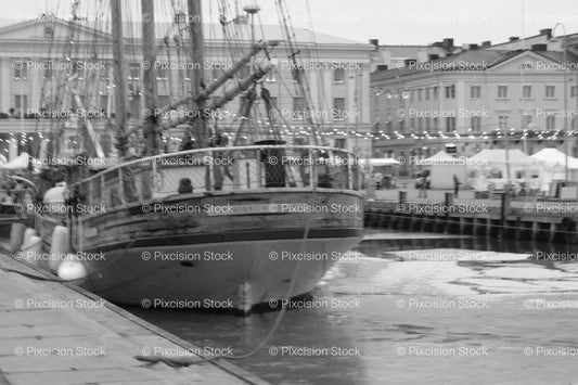 Wooden Ship Moored Along a City Harbor or Quay (Monochrome) - Stock Video