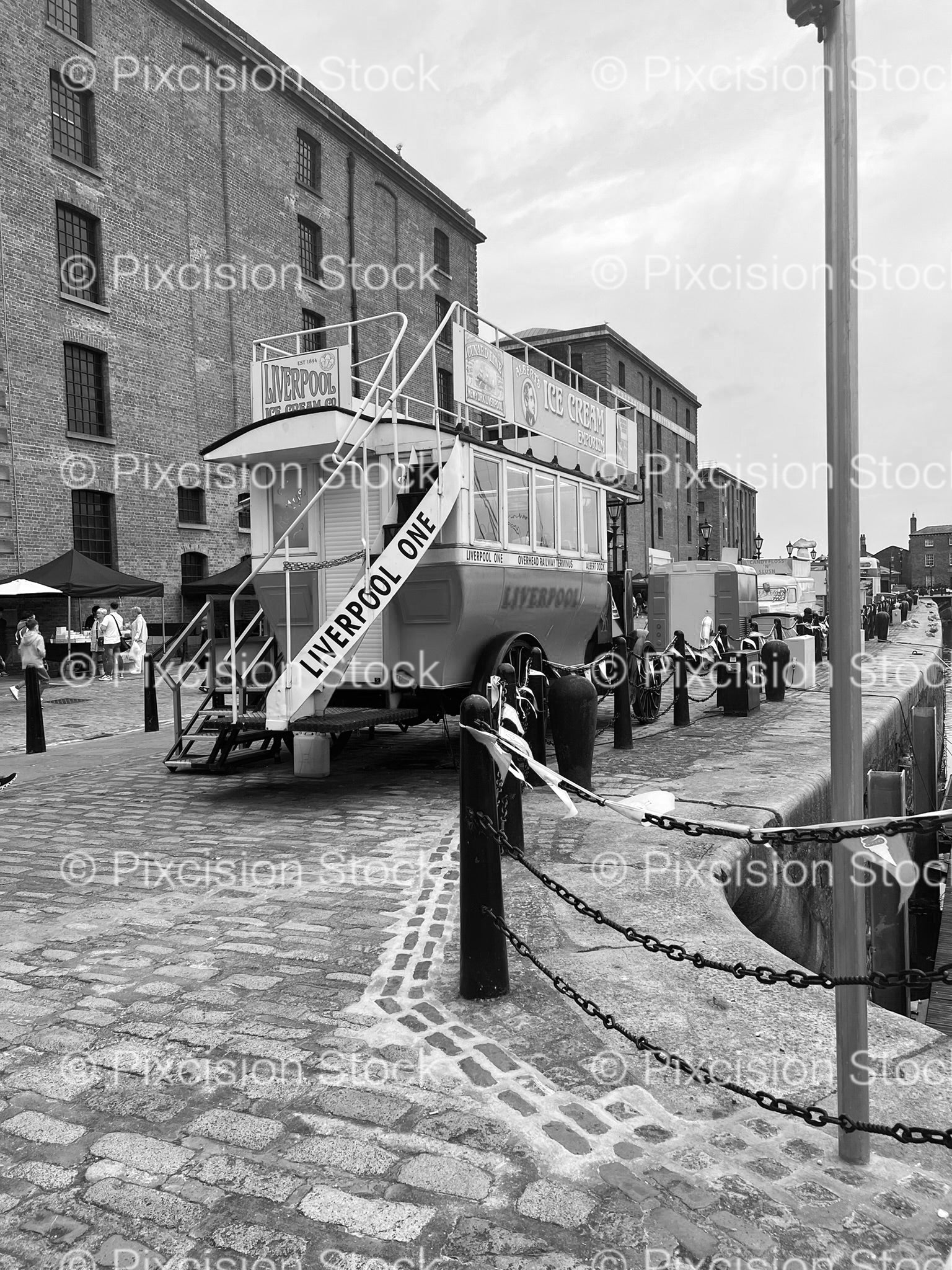 Waterfront Promenade with a Stationary Trailer and Industrial Buildings (Monochrome)