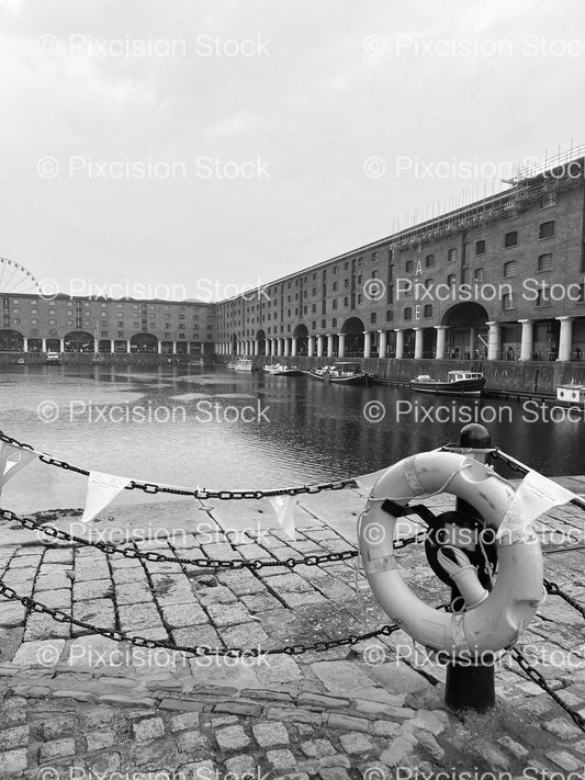 Cobblestone Dockside Pathway Next to a Calm Harbor Basin (Monochrome) - Stock Video