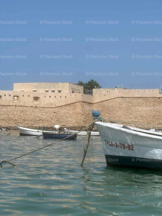 Traditional Fishing Boats Moored in Harbour with Historic Sandstone Castle Walls Cádiz Spain