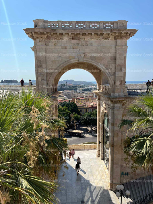 Cagliari Cityscape and Mediterranean  Framed Through the Bastione di Saint Remy Triumphal Arch