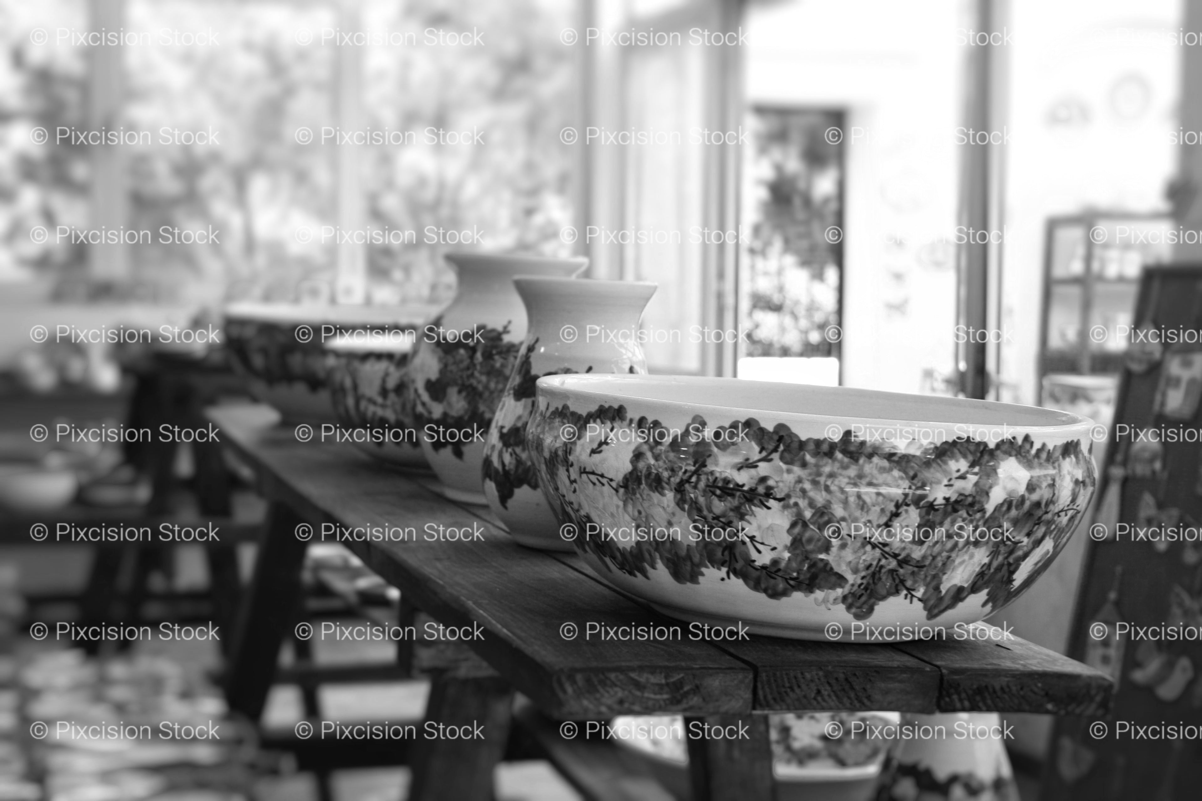 Long Interior View of a Ceramics Shop (Monochrome)