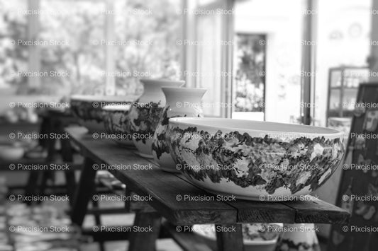 Long Interior View of a Ceramics Shop (Monochrome)