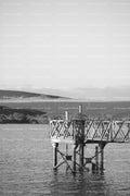 Metal Pier Structure Stretching out into a Calm Body of Water (Monochrome)