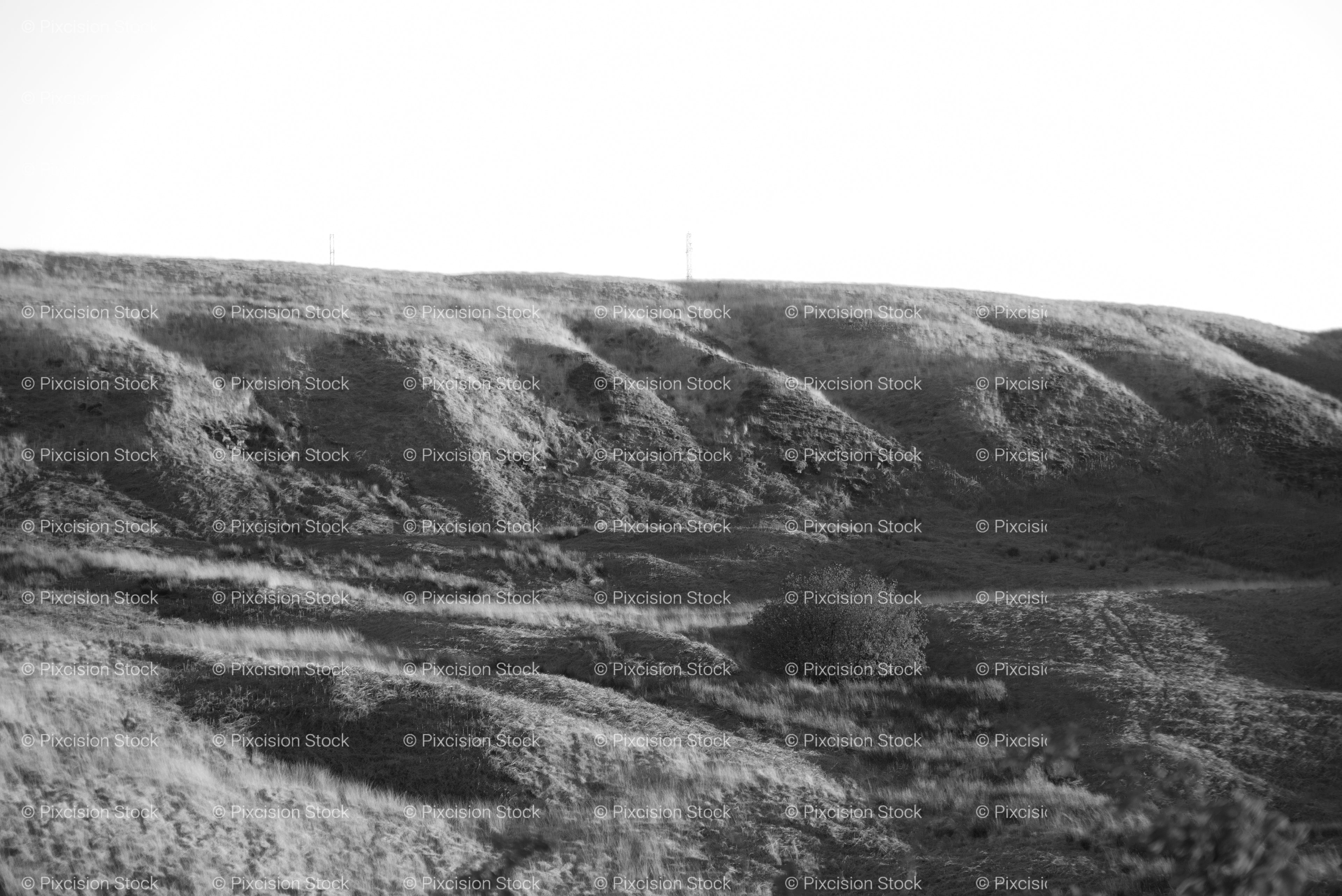 Rugged and Grassy Rolling Hillsides Under a Soft Sky (Monochrome)
