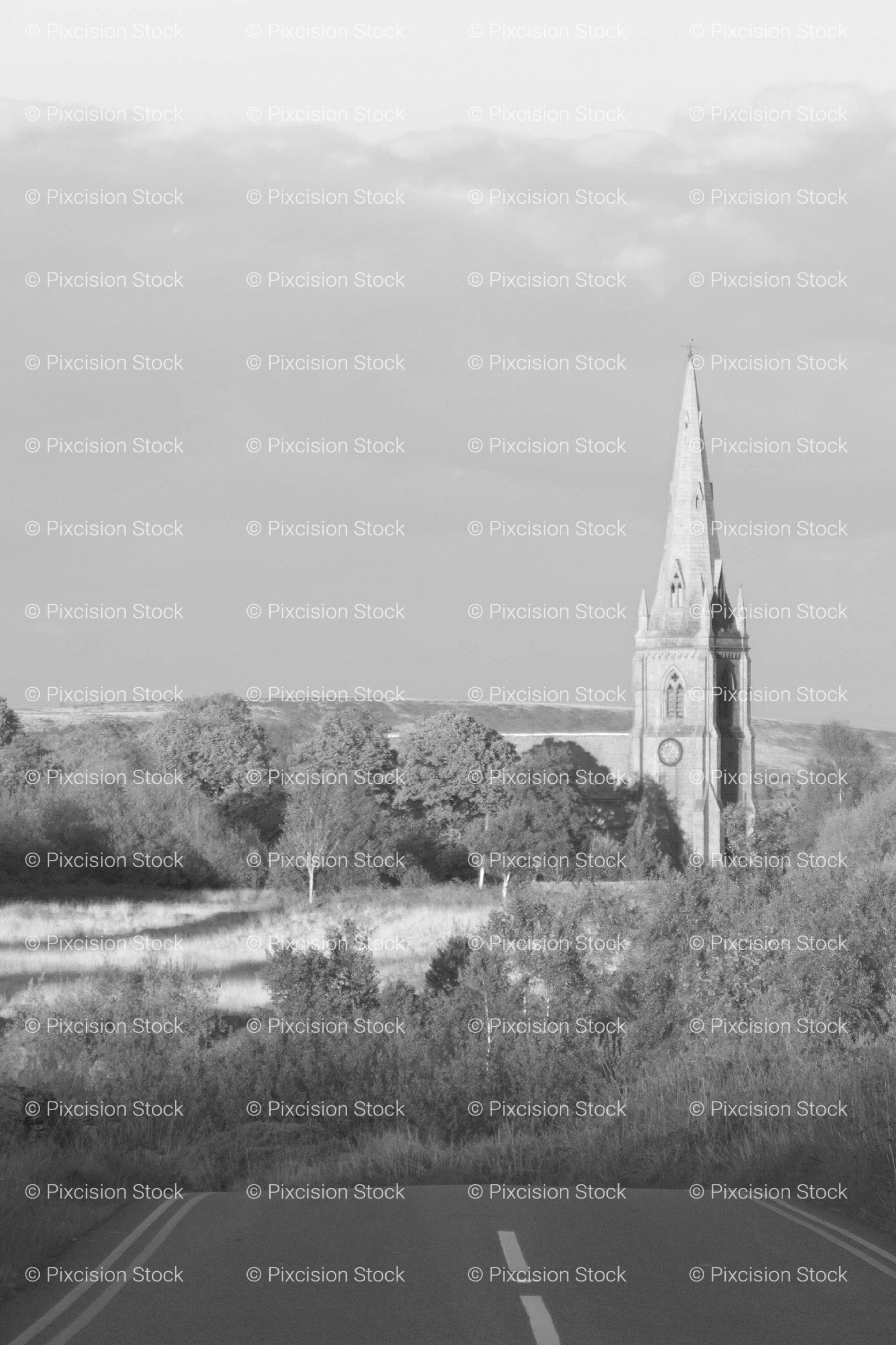 Country Path Guiding the Eye Toward a Historic Church Tower (Monochrome)