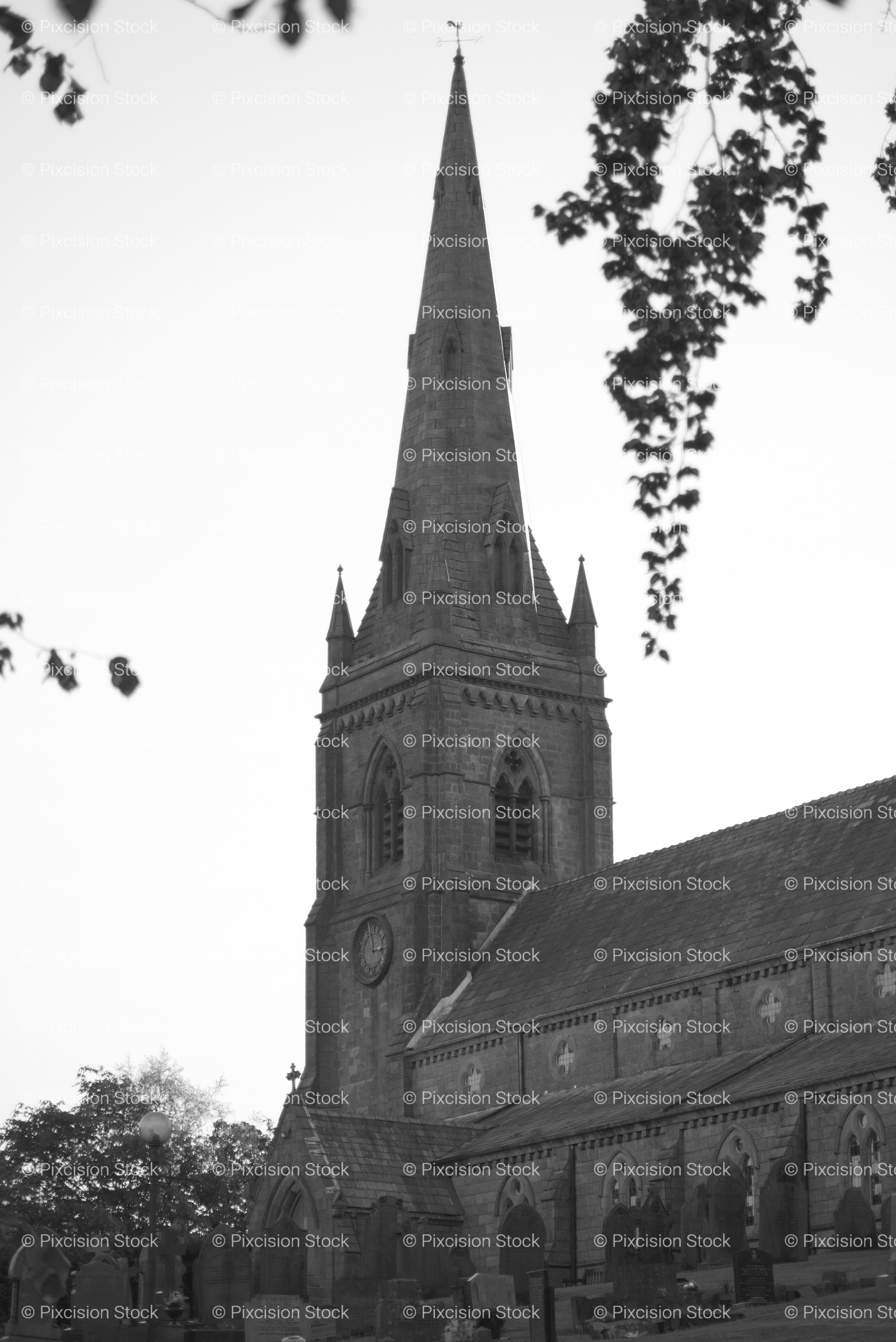 Dramatic Close-Up of a Gothic Church Steeple and Architecture (Monochrome)