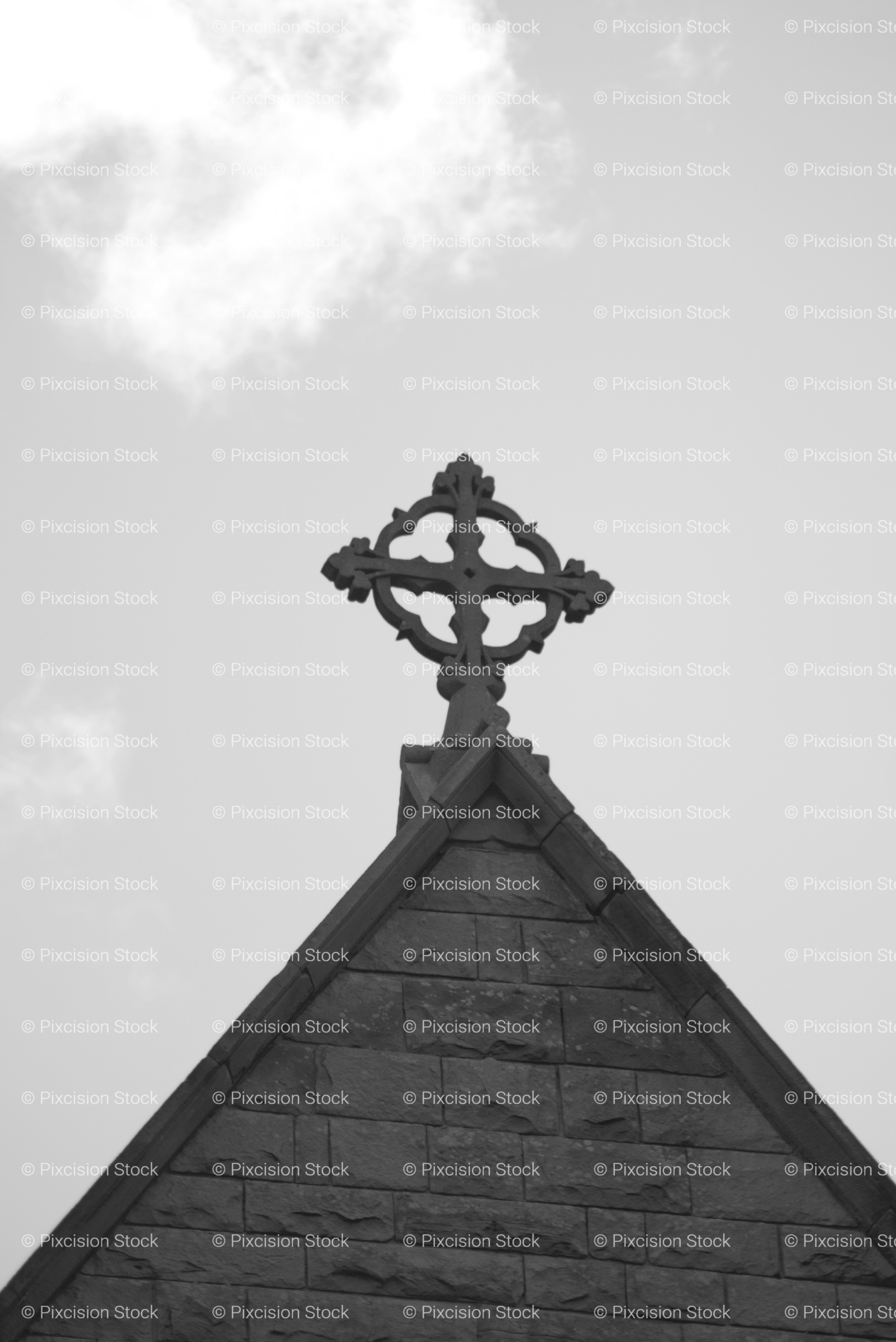Celtic Cross Atop a Triangular Stone Roof Gable (Monochrome)