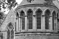Exterior View of a Circular Church Apse with Elegant Stonework (Monochrome)