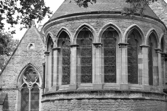 Exterior View of a Circular Church Apse with Elegant Stonework (Monochrome) - Stock Video