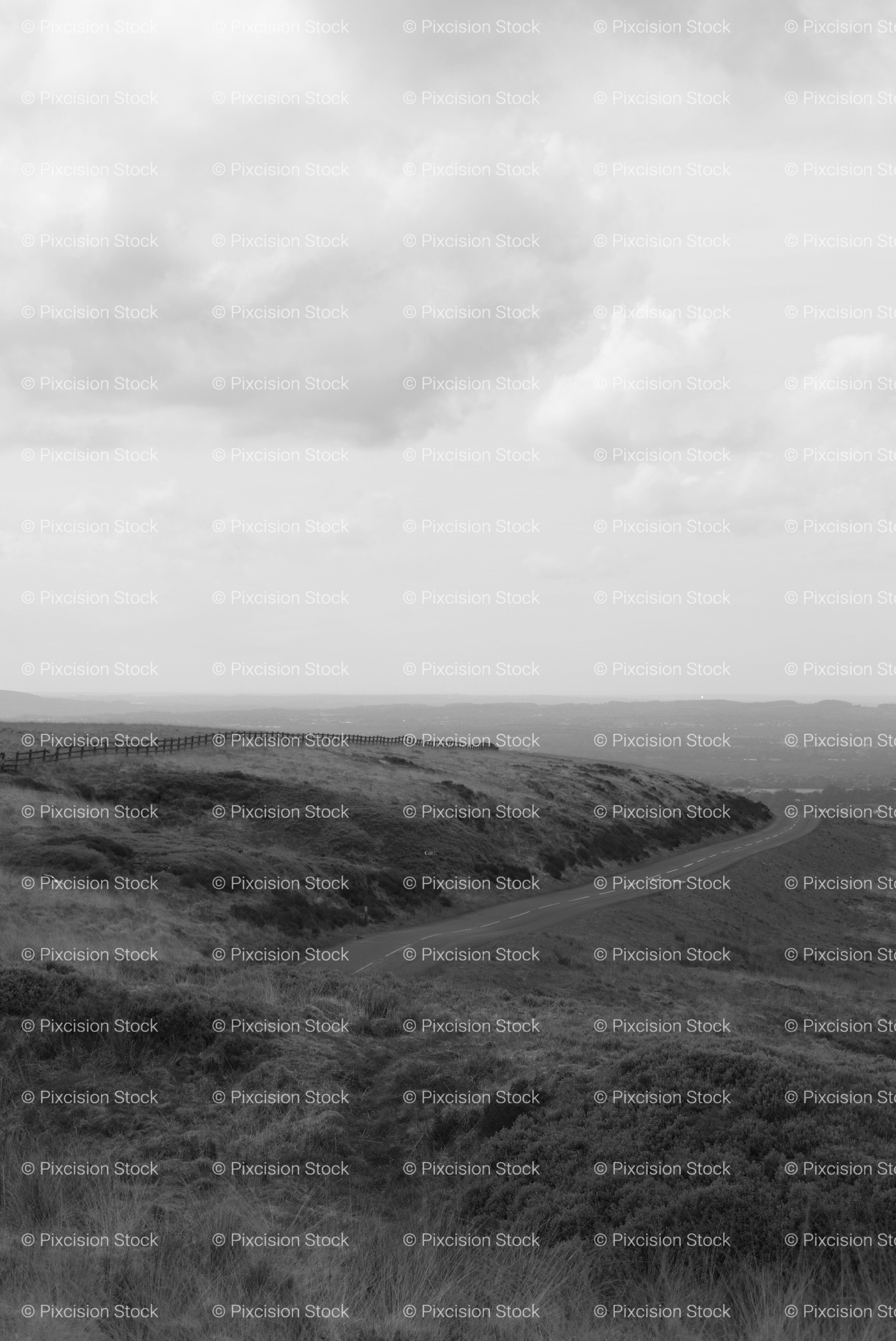 Wide View of a Grassy Valley Under a Cloudy Sky (Monochrome)
