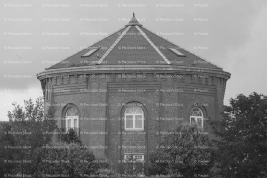 Historic Octagonal Brick Building Surrounded by Shrubs (Monochrome)