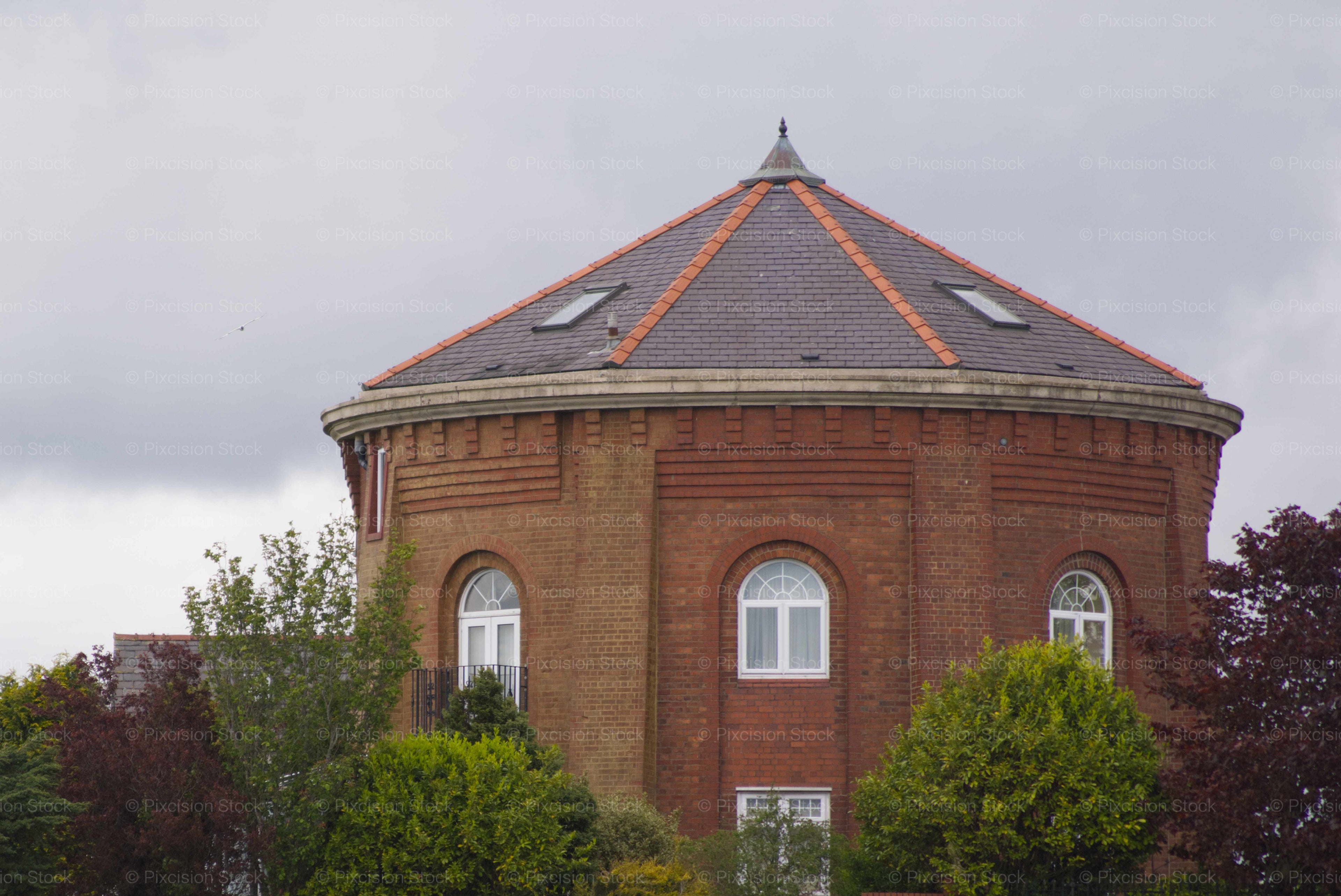 Wide Exterior View of an Old Octagonal Brick Structure