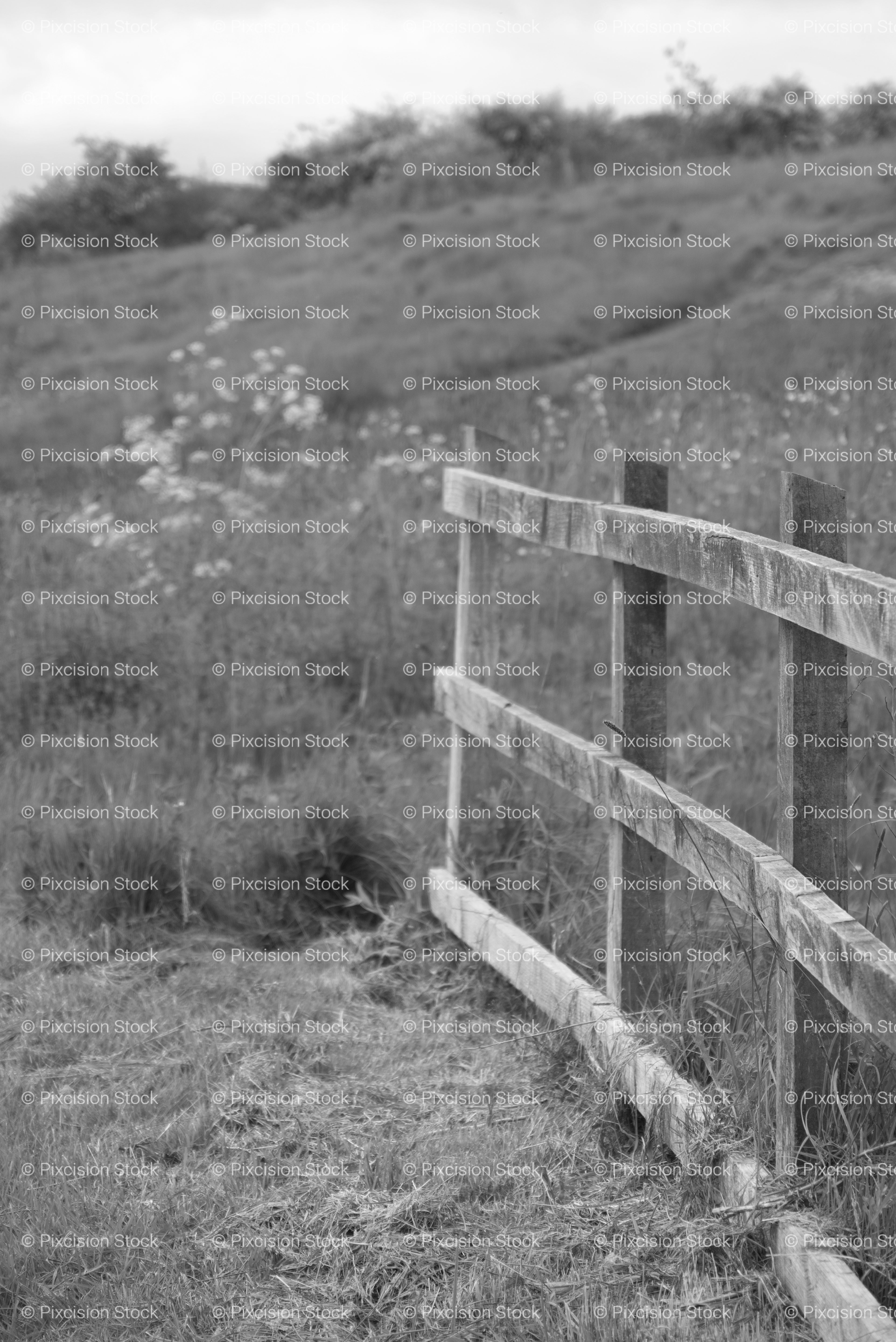 Rustic Wooden Post-and-Rail Fence Running Up a Grassy Hillside (Monochrome)