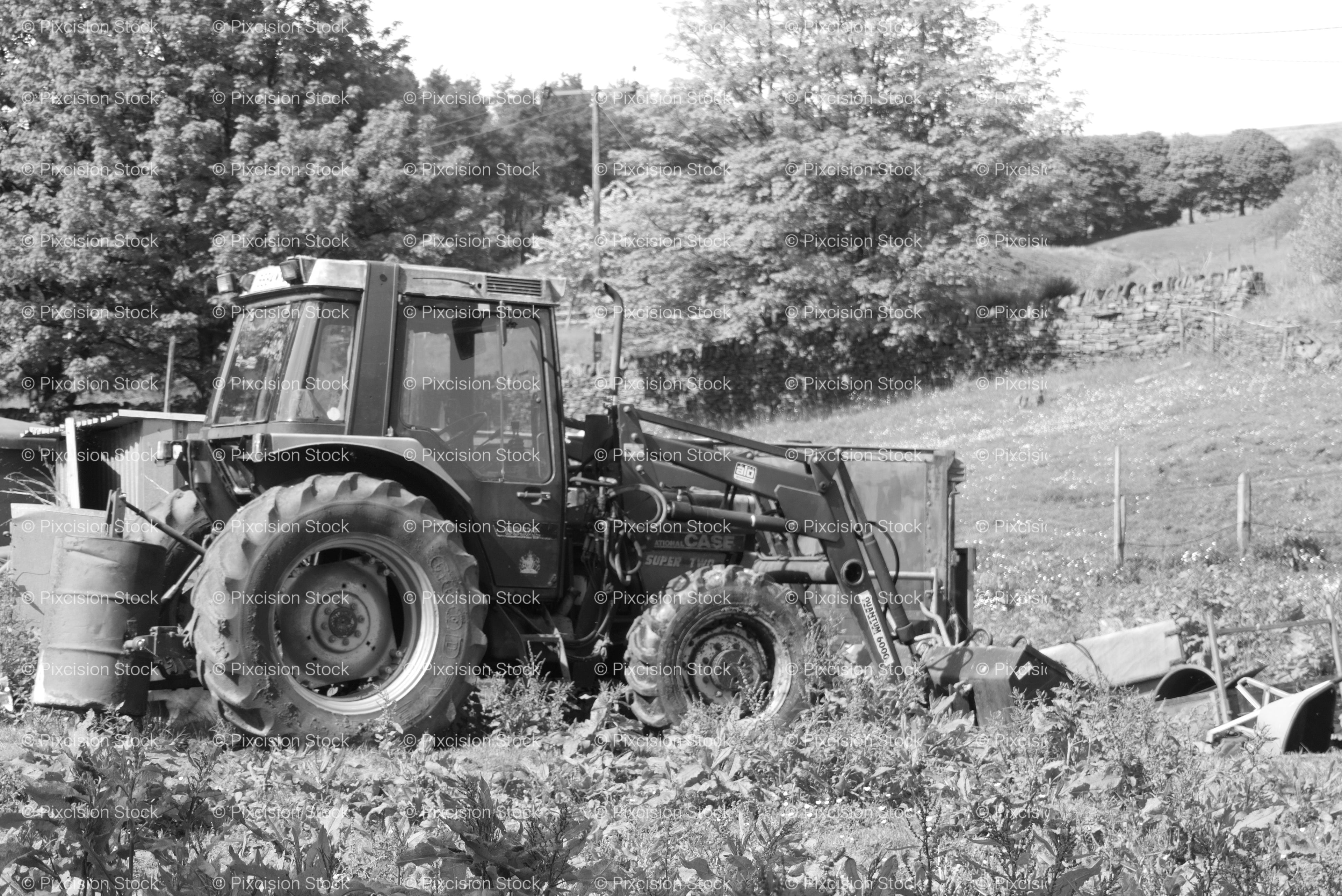 Farm Tractor Parked in a Grassy Field Near Trees (Monochrome)