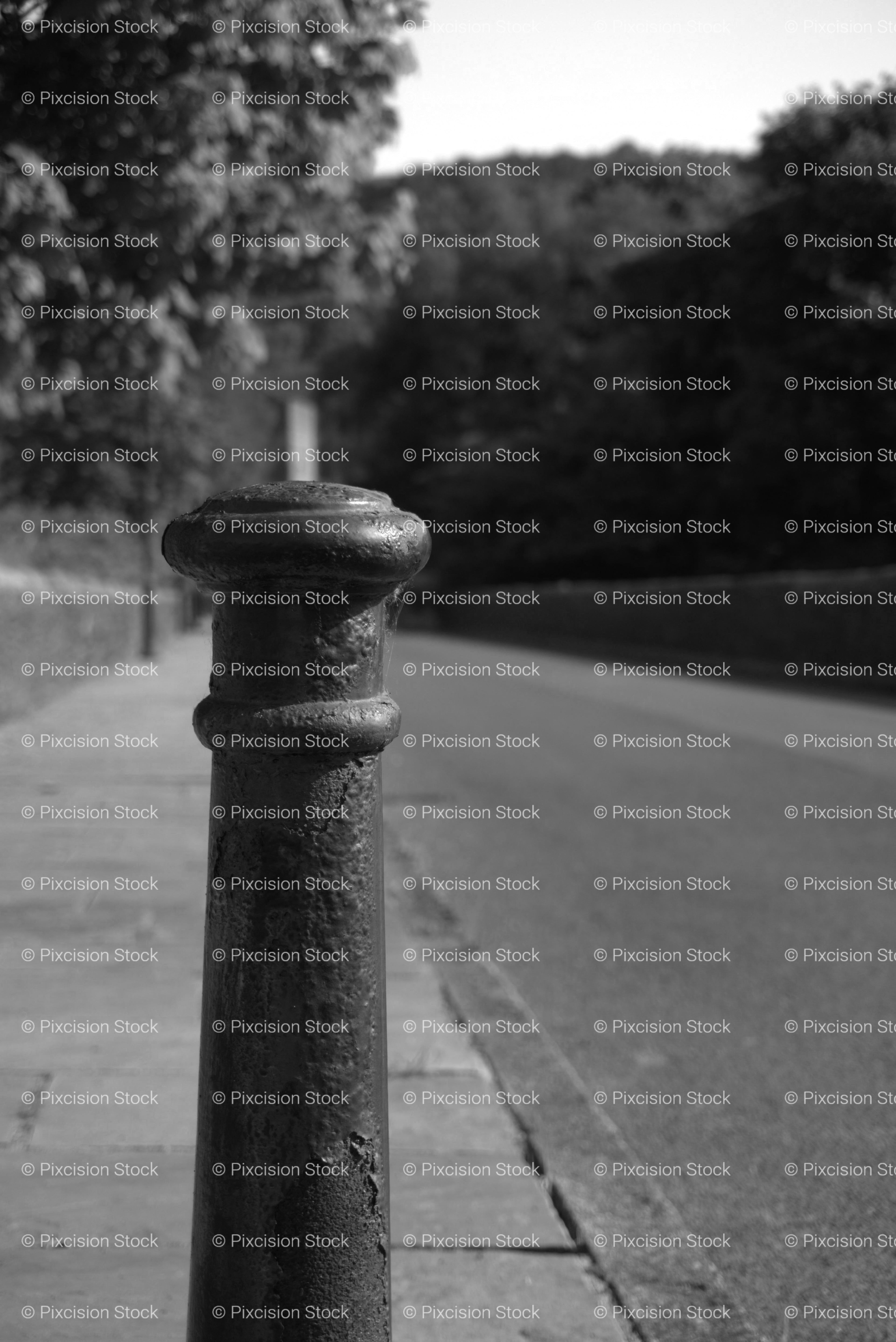 Vertical Shot of a Metal Bollard or Post Along a Paved Path (Monochrome)
