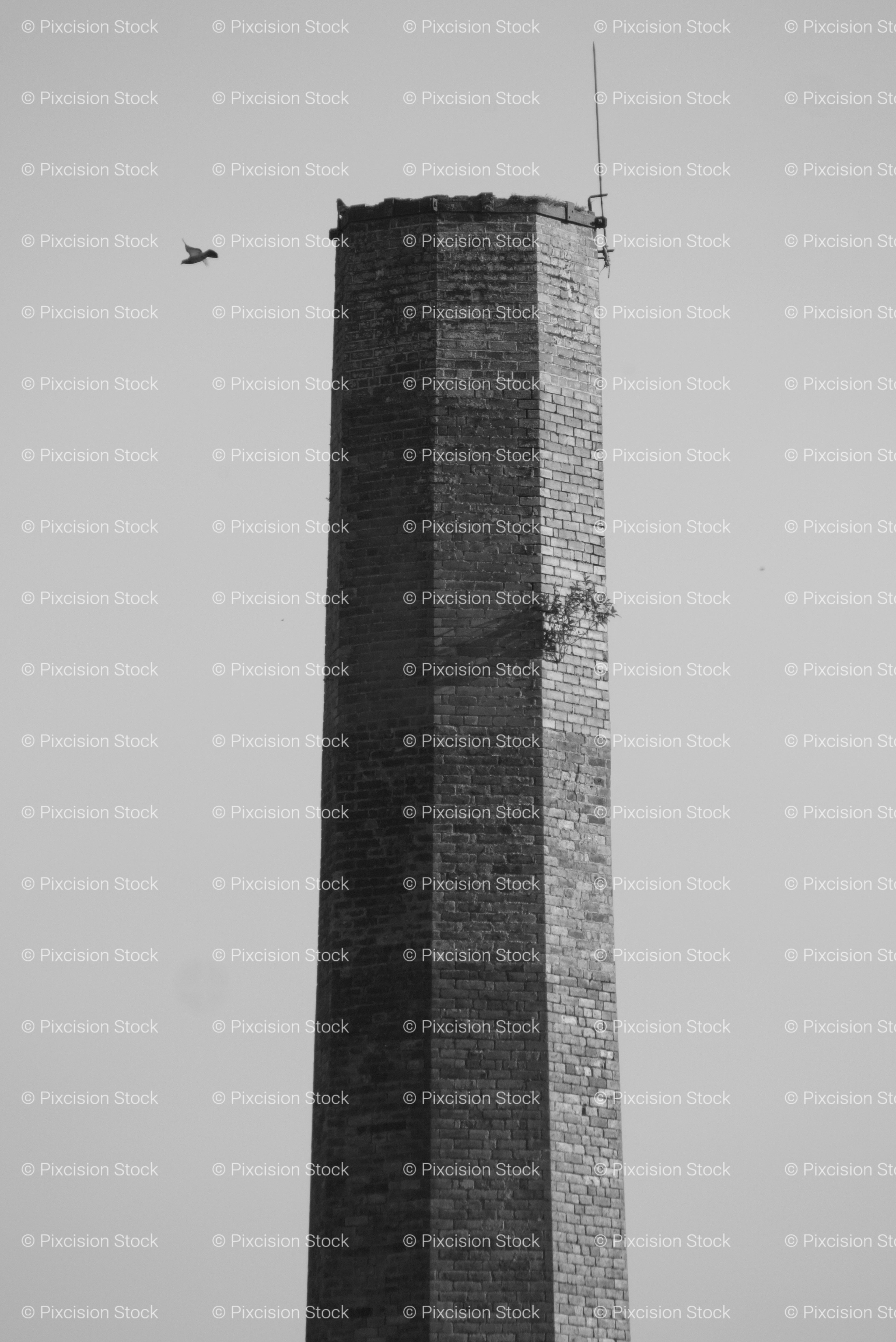 Close-Up of the Top of an Industrial Brick Chimney Against the Sky (Monochrome)