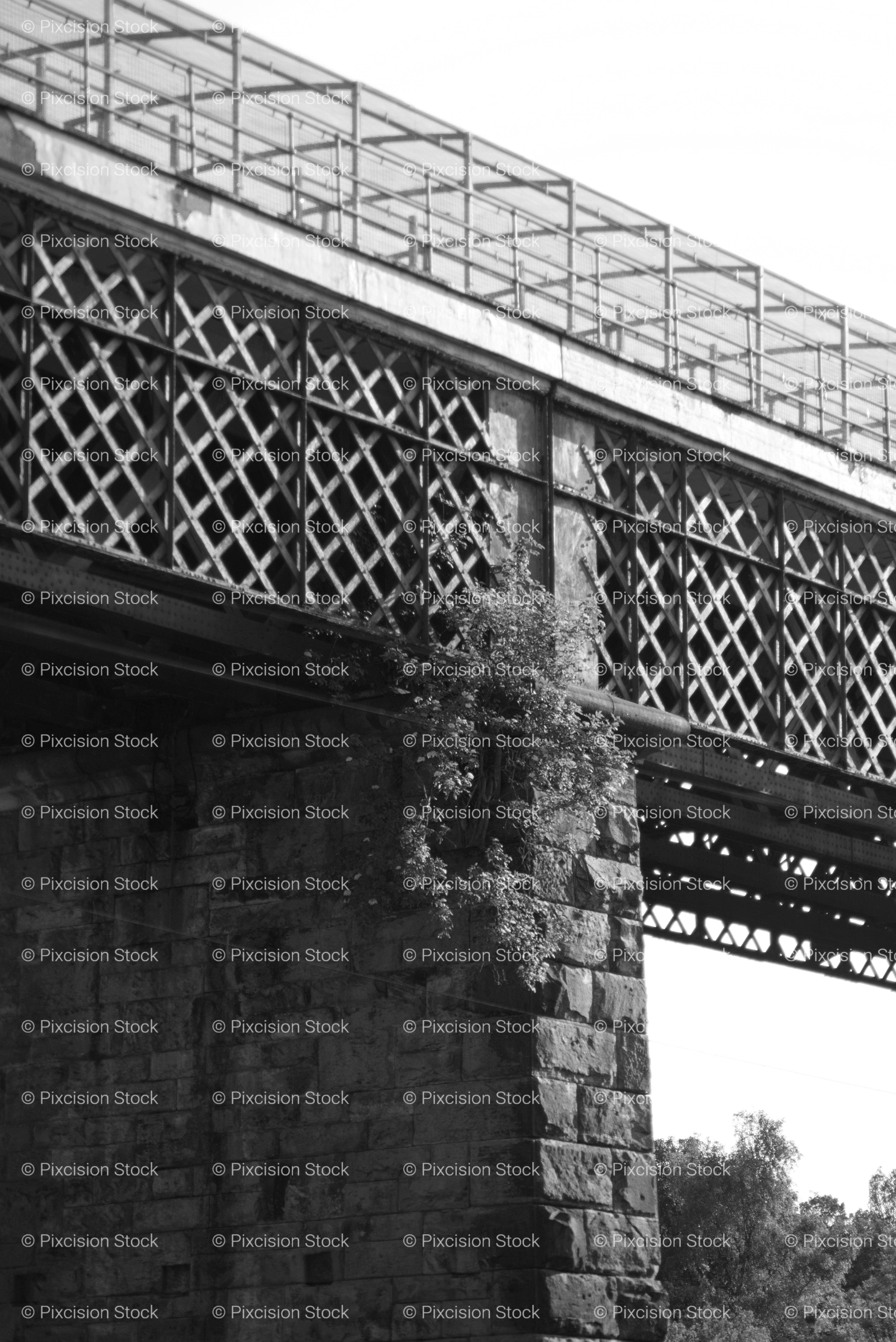 Historic Metal Railway Viaduct or Bridge Supported by Stone Columns (Monochrome)